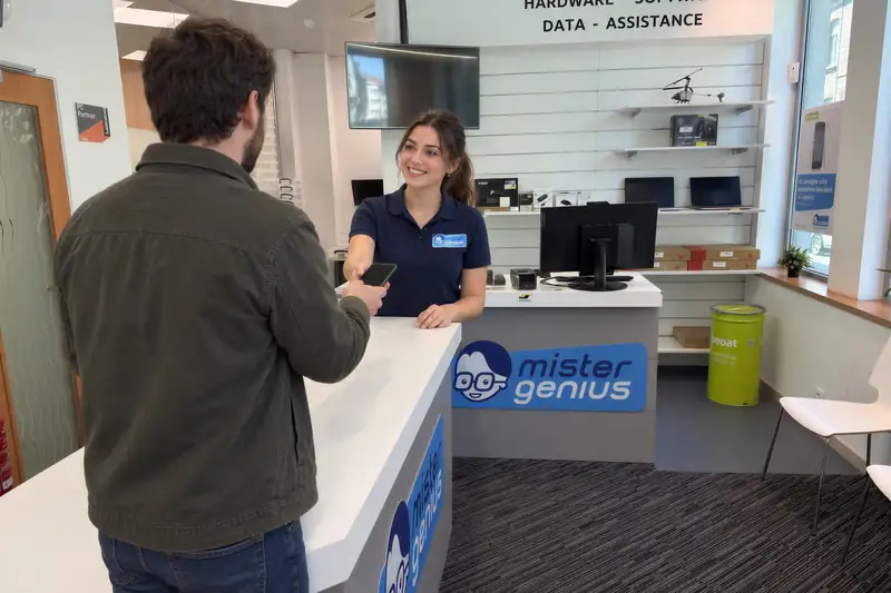 Technicienne Mister Genius et client avec un smartphone au comptoir de Woluwe-Saint-Lambert